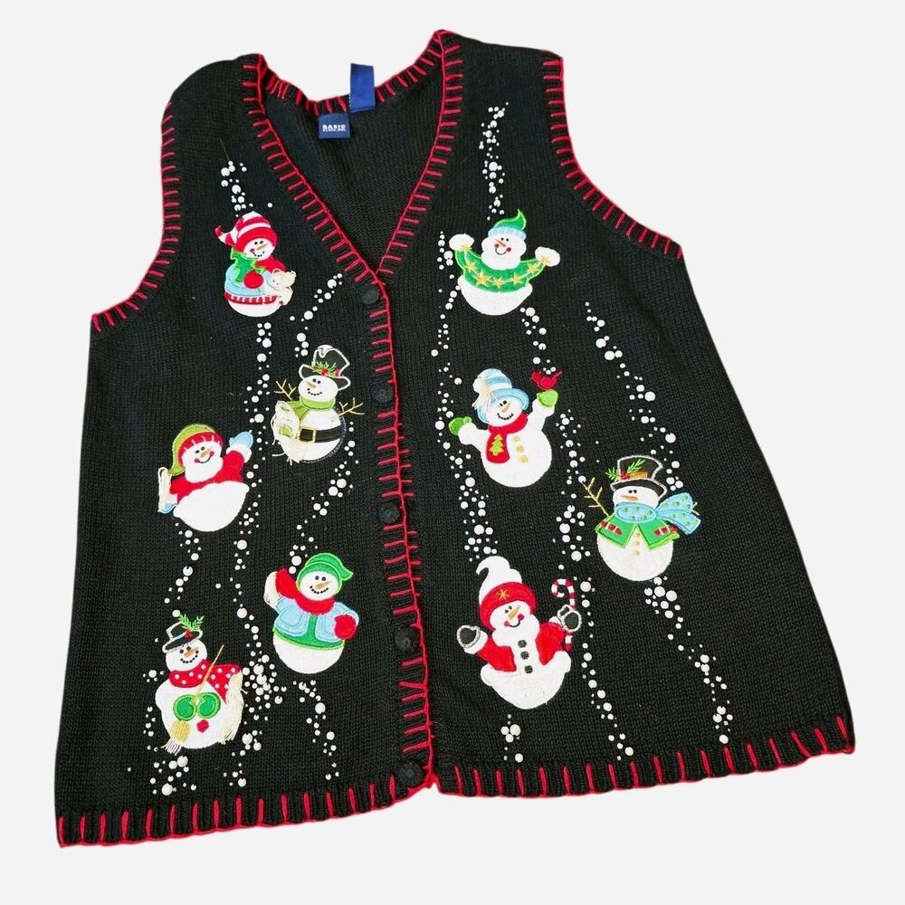 Basic Editions XL 80's Vtg Snowmen Beaded Front Button Black Knit Christmas Vest